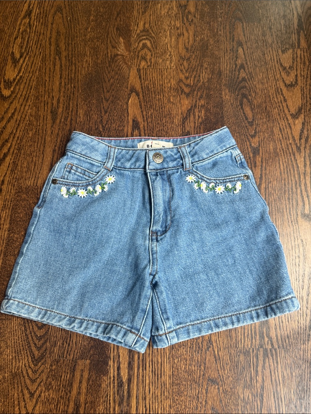 Mini Boden Light Blue Denim Shorts with Daisy Pocket Embroidery
